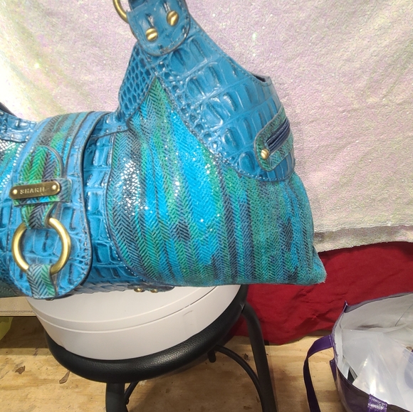 Sharif MSRP$175 Studio Blue/Green Croc Textured Embossed Leather Tassel Satchel - Picture 6 of 15